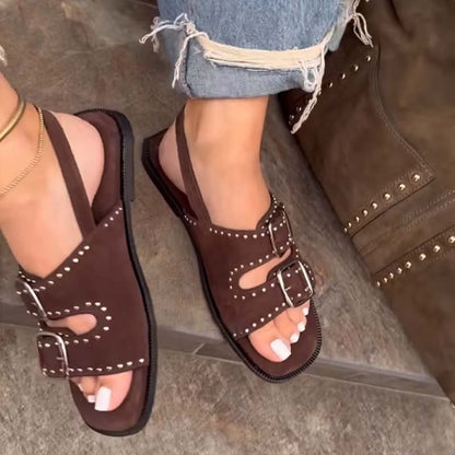Studded Double Buckle Flat Sandals