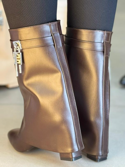 Solid Color Boots With Metal Buckle