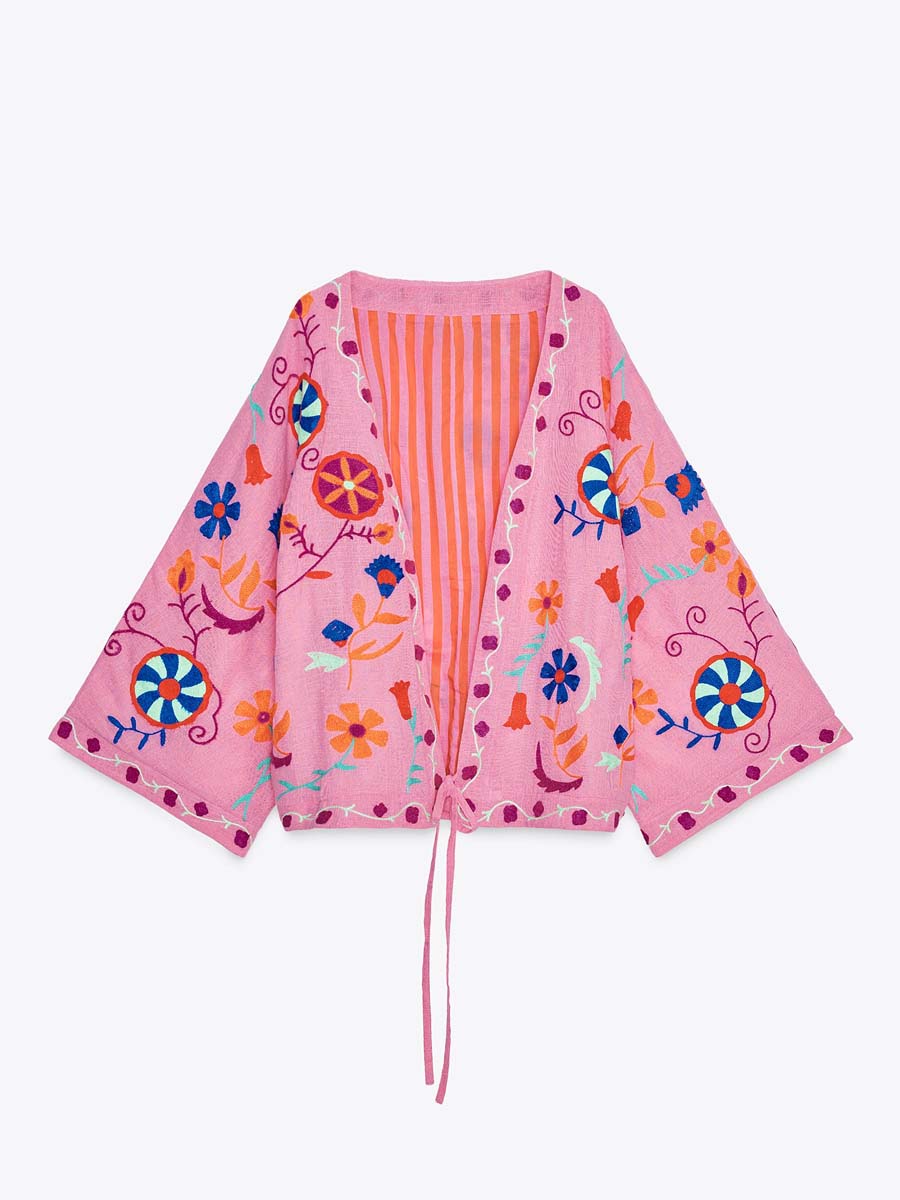 Embroidered Wide Long Sleeve Cardigan