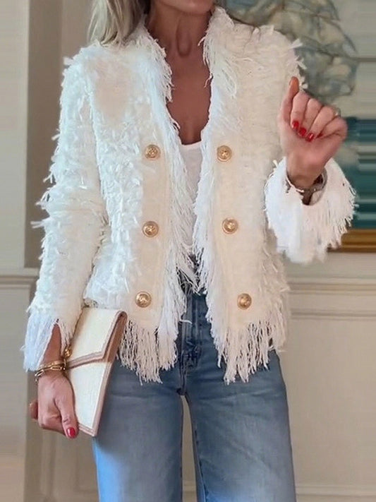 Elegant Fringed Metal Button Cardigan Jacket