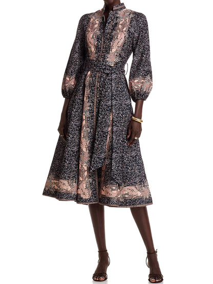 Floral Print Mandarin Collar Midi Dress