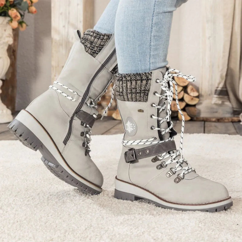 Knit Cuff & Buckle Lace-Up Snow Boots