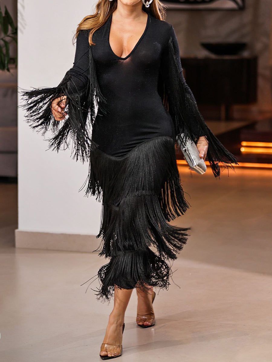 Deep V Neck Tassel Glitter Dress