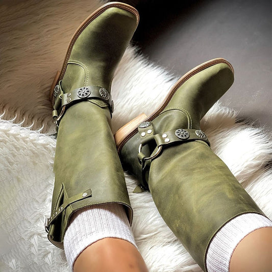 Square Toe Low Heel Buckle Boots