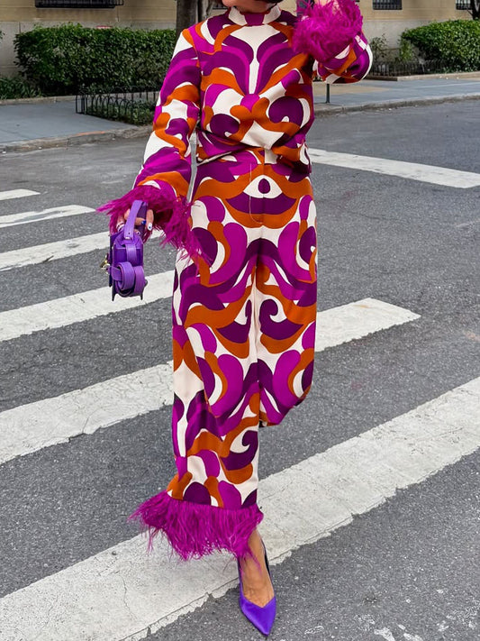 Feather Trim Printed Two Pieces Set