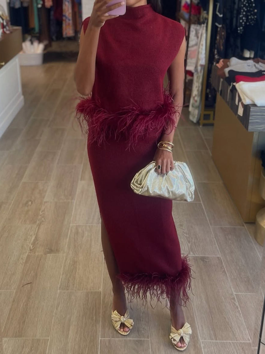 Feather Knitted Sleeveless Two Pieces Dress