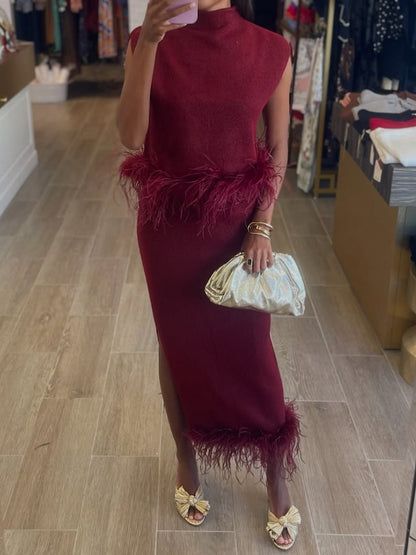 Feather Knitted Sleeveless Two Pieces Dress