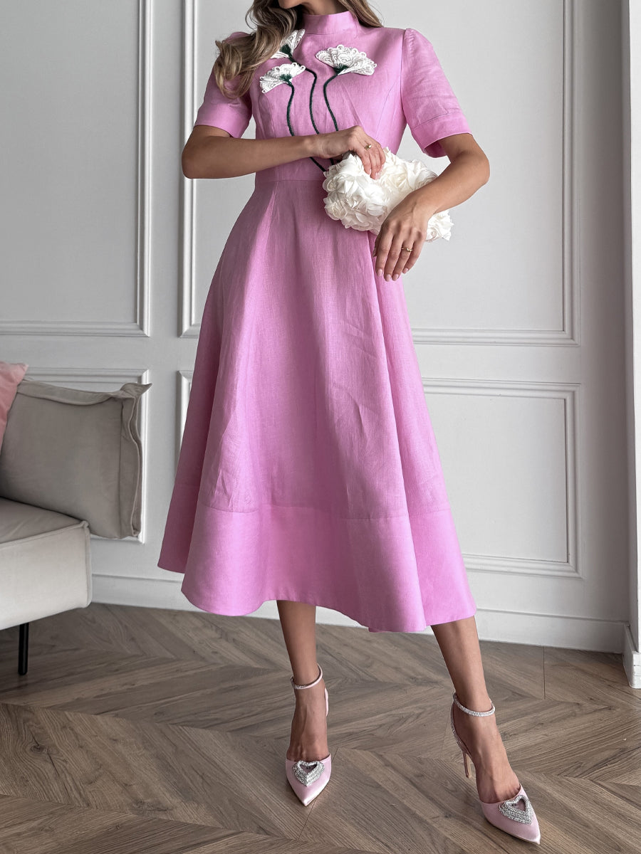 Stand Collar Flower Midi Dress