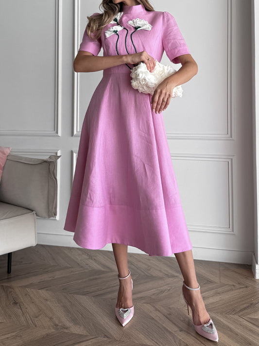 Stand Collar Flower Midi Dress