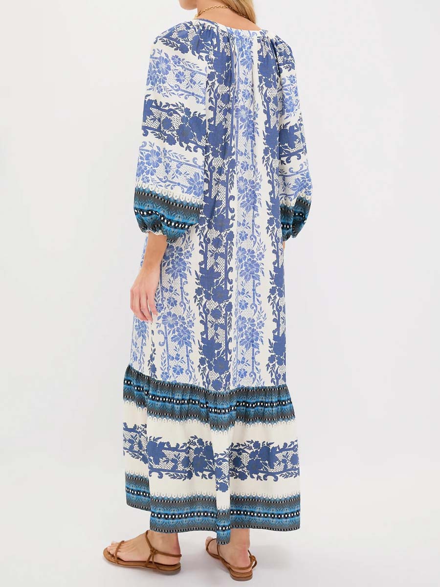 Split Neck Printed Long Slleve Maxi Dress