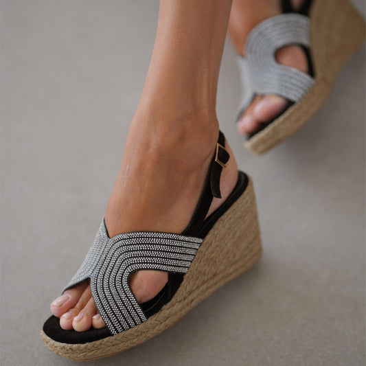 Rhinestone Sparkle Straw Wedge Sandals