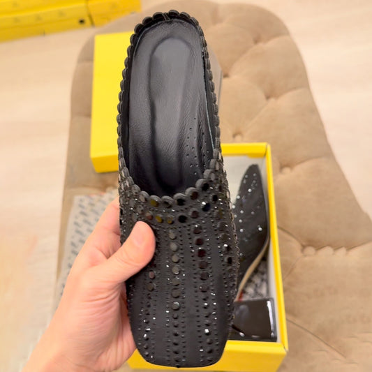 Rhinestone Sparkle Platform Slippers With Square Heel