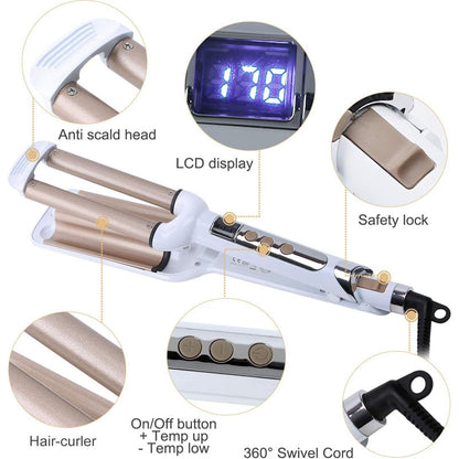 Ceramic Hair Crimper Iron Hair Waver 3 Barrel 0.6 inch / 16mm Professional Crimping Iron