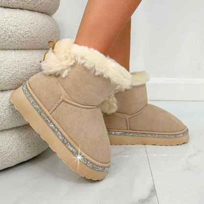 Crystal Trim Plush Faux Fur Slip-on Boots