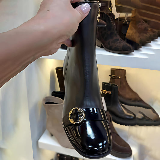 Metal Floral Thick Side Zip Ankle Boots