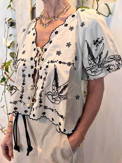 Bird Embroidered Lace-Up Puff Sleeve V-Neck Top