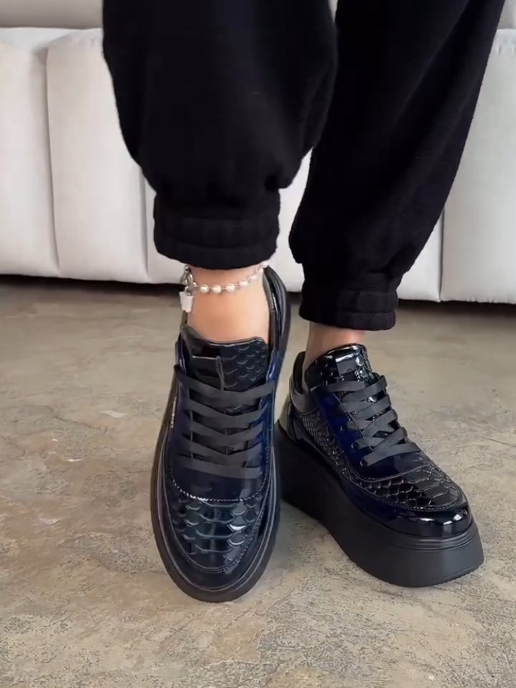 Black Patent Faux-Croc Boots With Platform Sole