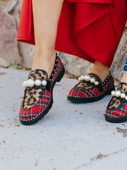 Scottish Plaid Pearl-Embellished Loafers