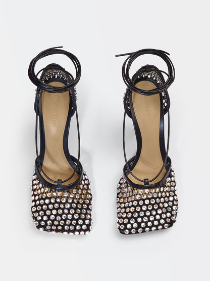Rhinestone Mesh Leather Sandals
