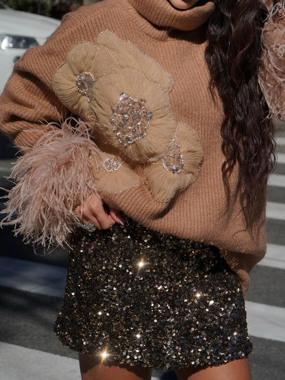 Turtleneck Sequined Feather Cuff Sweater