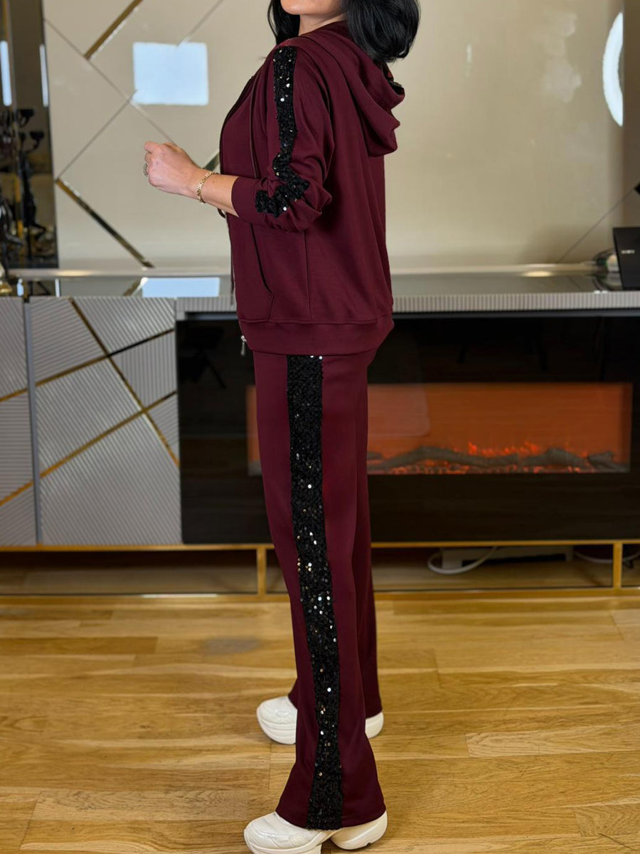 Sequined Patchwork Zip Up Two Pieces Set