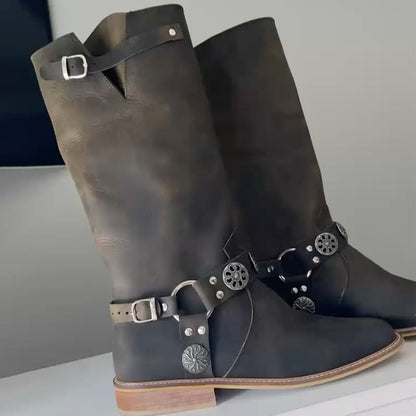 Square Toe Low Heel Buckle Boots