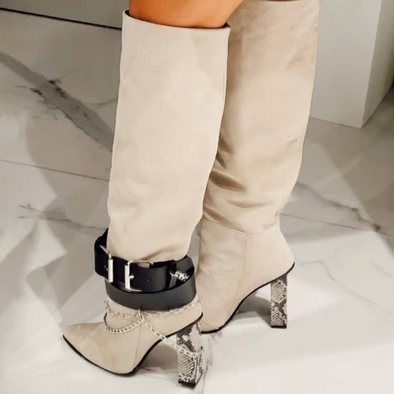 Point Toe Buckle Chain High Heel Boots