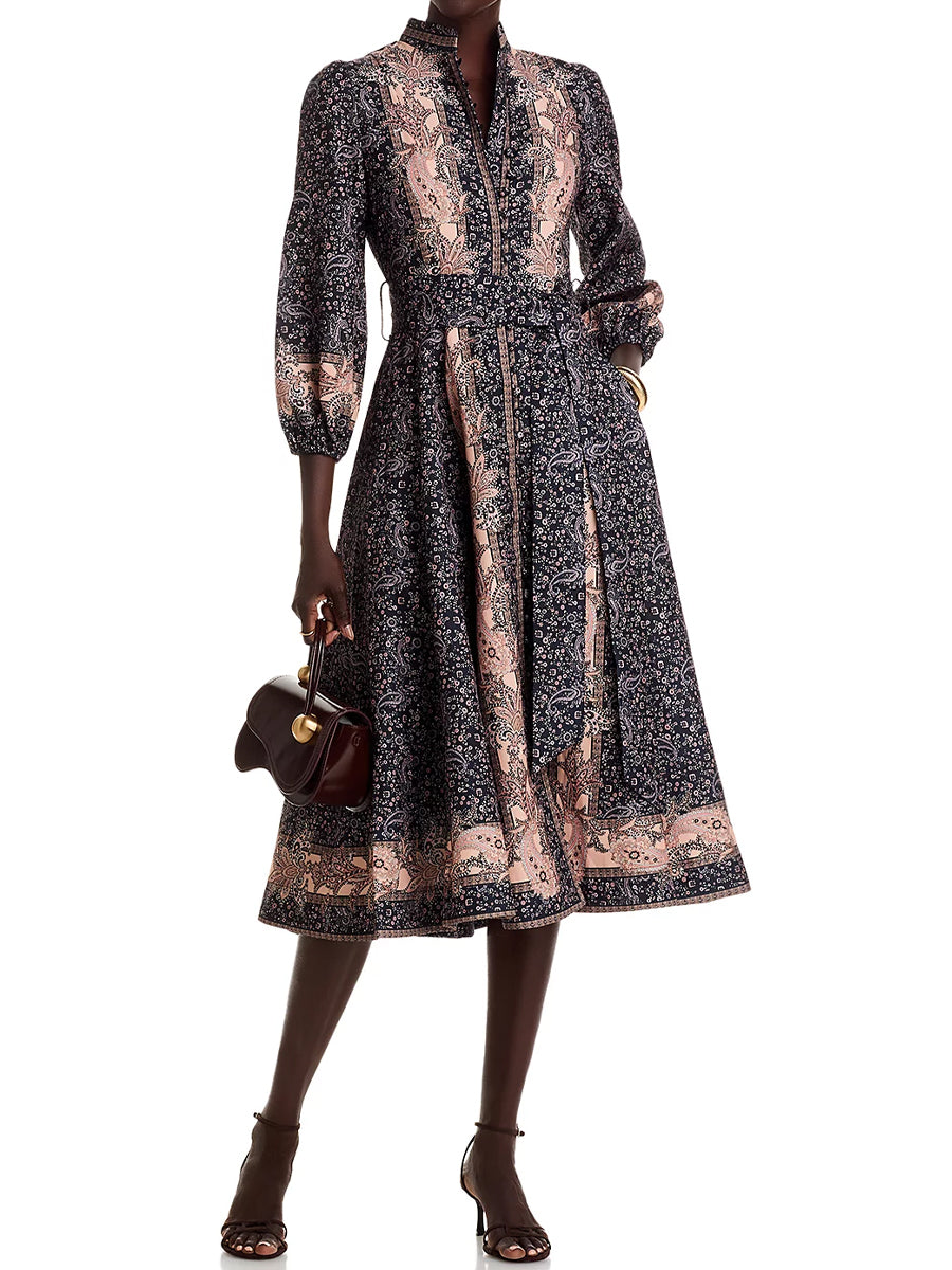 Floral Print Mandarin Collar Midi Dress