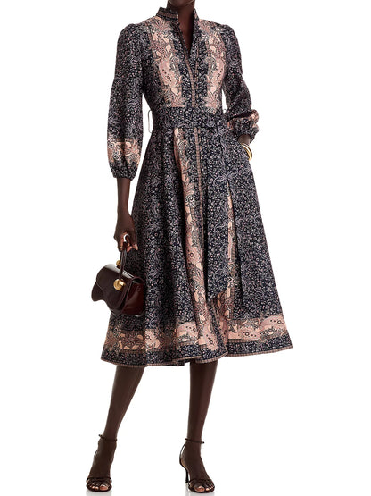 Floral Print Mandarin Collar Midi Dress