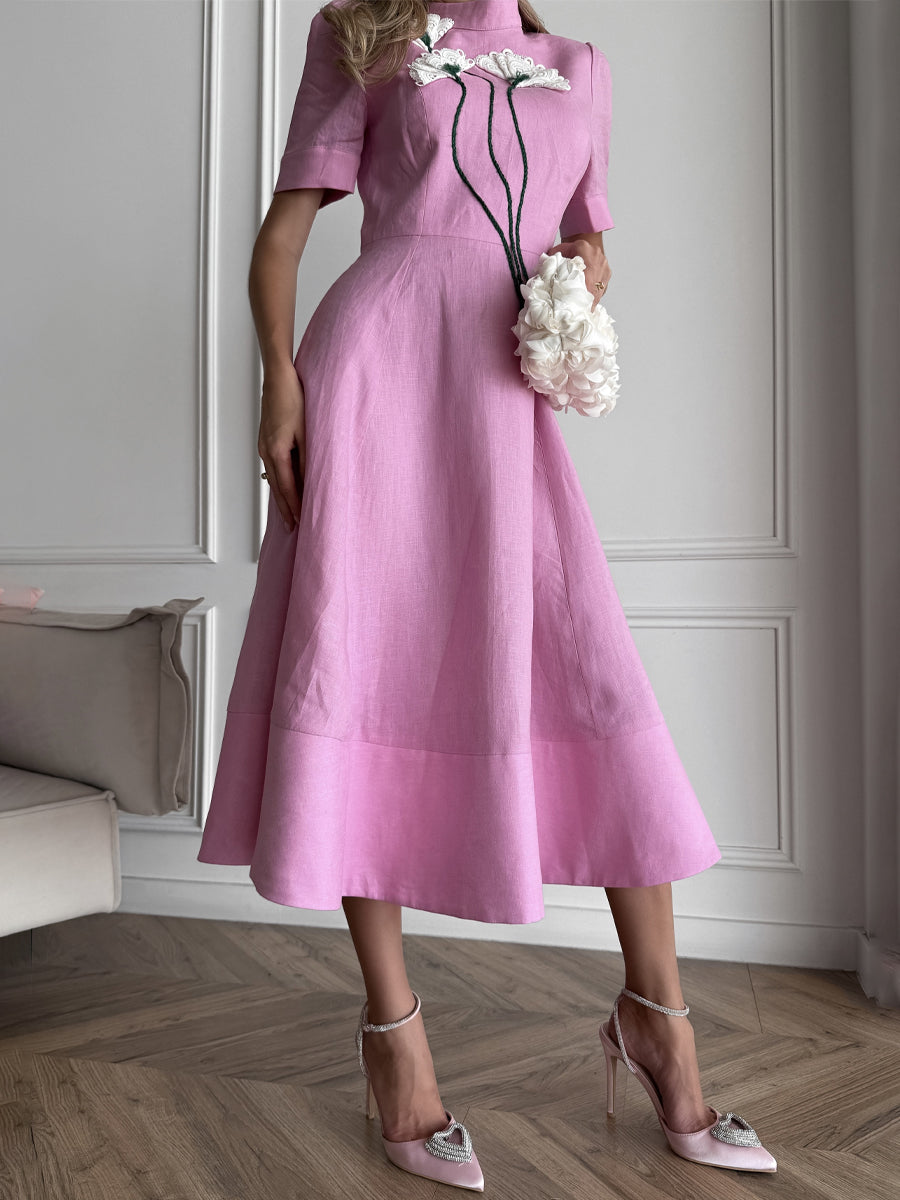 Stand Collar Flower Midi Dress