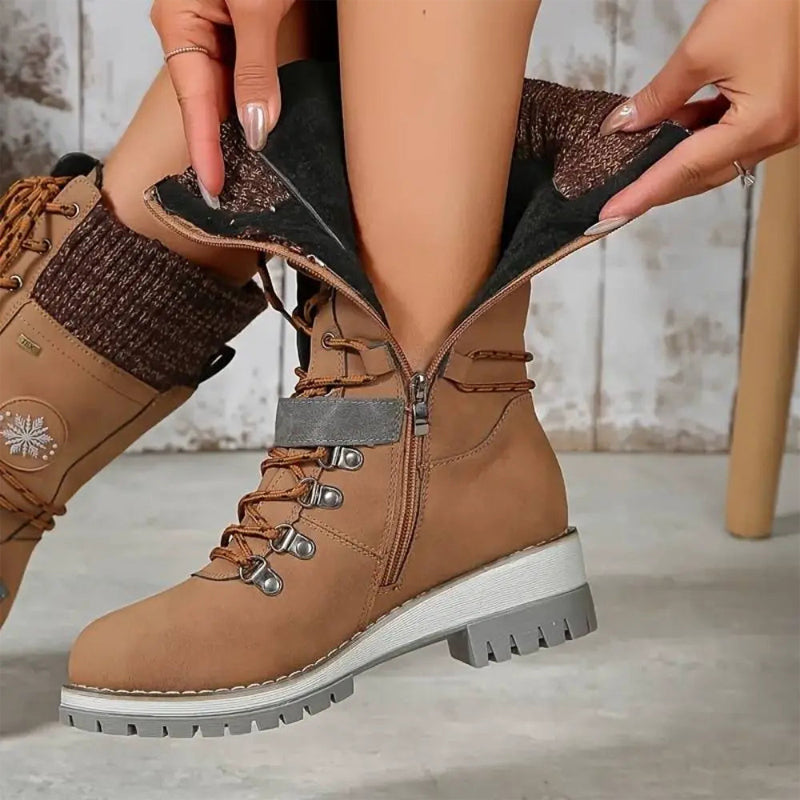 Knit Cuff & Buckle Lace-Up Snow Boots