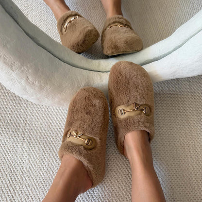 Fleece-lined Platform Slippers With Imitation Mink Hair