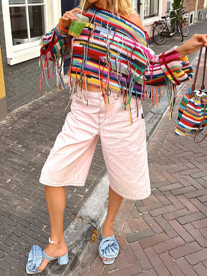 Skew Neck Fringed Multicolor Knit Sweater