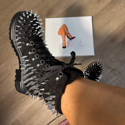 Silver Spiked Lace-up Platform Martin Boots