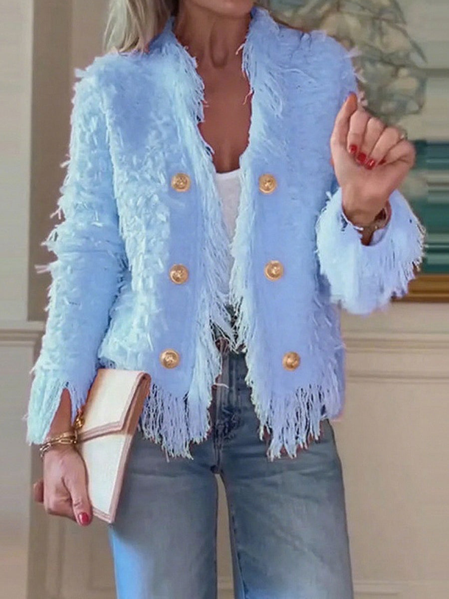 Elegant Fringed Metal Button Cardigan Jacket