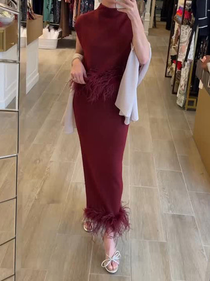Feather Knitted Sleeveless Two Pieces Dress