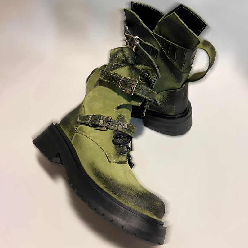 Thick-soled Belt Buckle Embellished Martin Boots