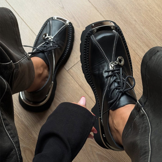 Zip-soled Leather Shoes With Square Toe