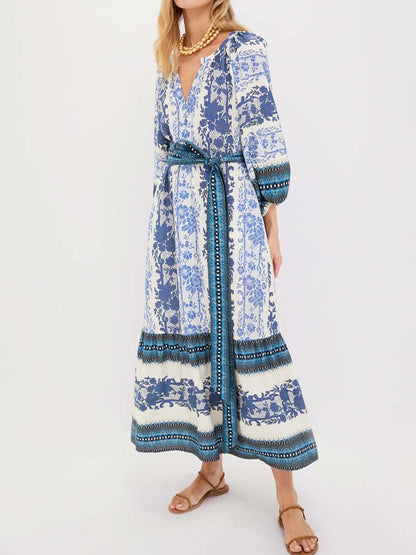 Split Neck Printed Long Slleve Maxi Dress