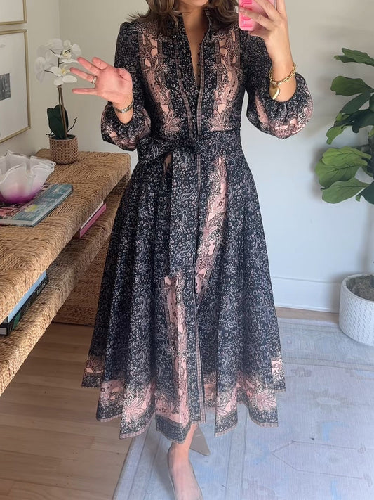 Floral Print Mandarin Collar Midi Dress