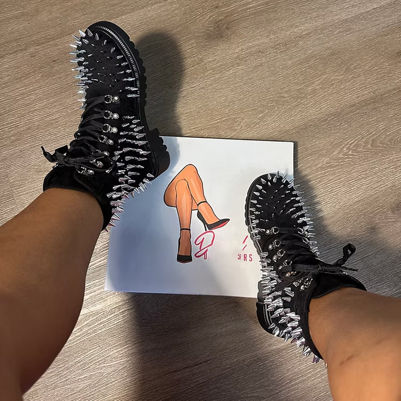 Silver Spiked Lace-up Platform Martin Boots