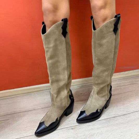 Pointed Thick-Heel Patchwork Boots