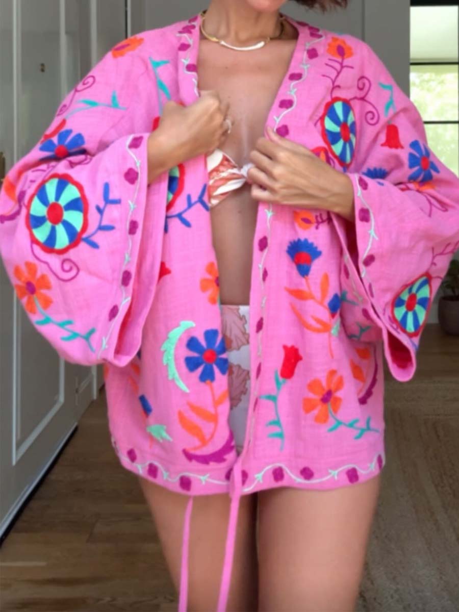 Embroidered Wide Long Sleeve Cardigan
