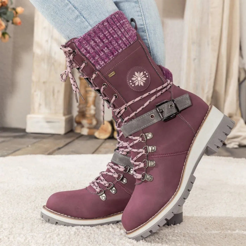 Knit Cuff & Buckle Lace-Up Snow Boots