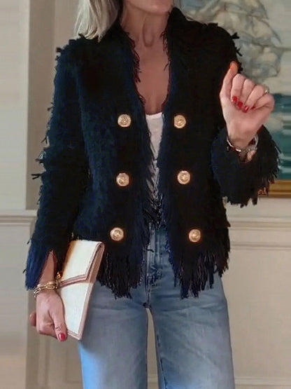 Elegant Fringed Metal Button Cardigan Jacket