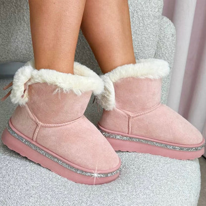 Crystal Trim Plush Faux Fur Slip-on Boots