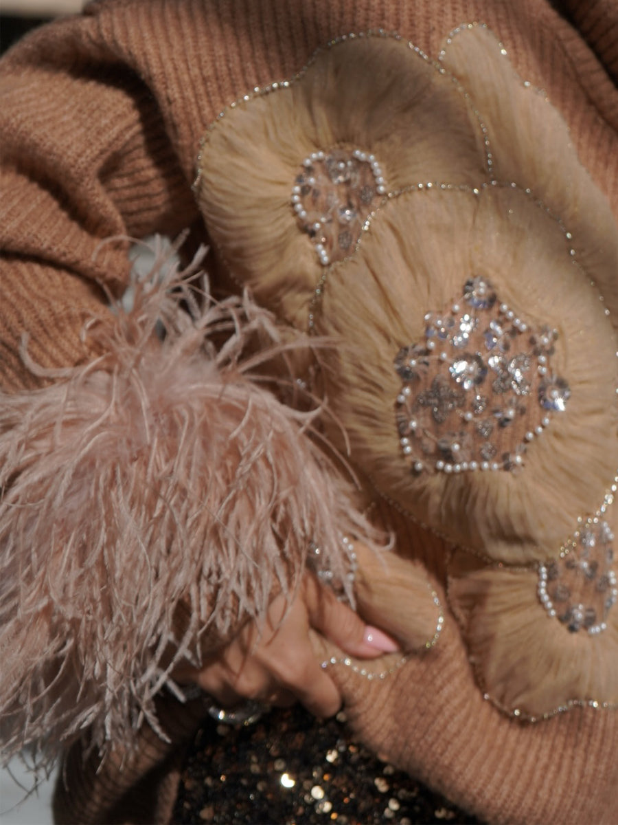 Turtleneck Sequined Feather Cuff Sweater