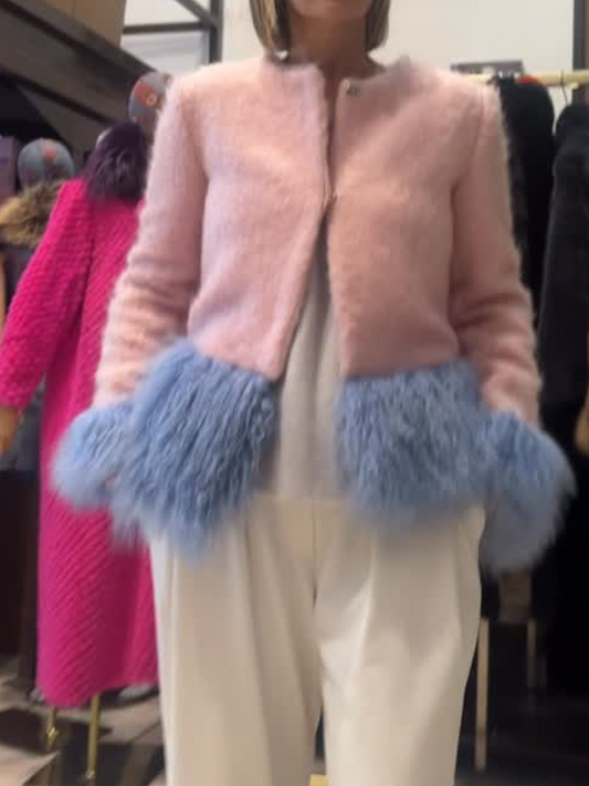 Blue Mongolian Wool-Trim Coat In Wool Blend