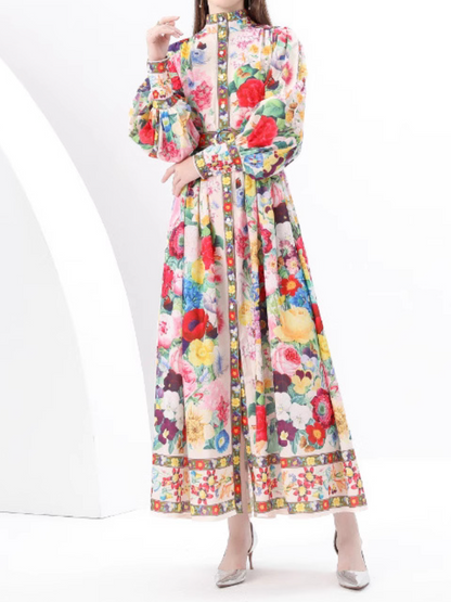 Lantern Sleeve Tight Waist Elegant Printed Dress