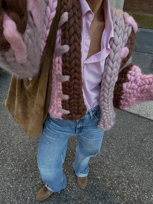 Asymmetrical Color Block Knit Balloon Sleeves Jacket